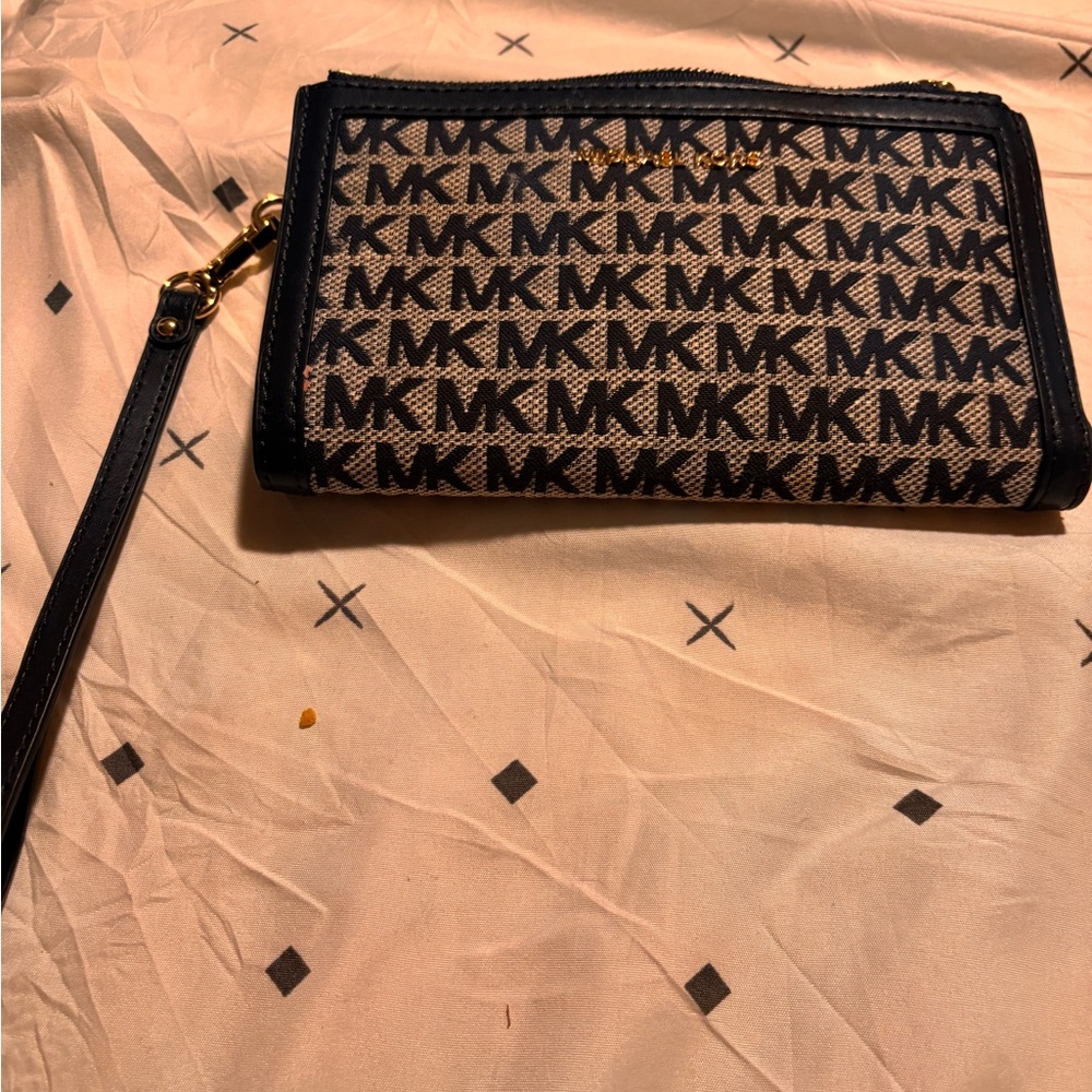 Michael Kors Navy and White MK Monogram Wristlet Wallet